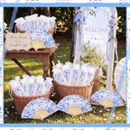 Wenqik 100Set Blue Floral Handheld Folding Fans,Wedding Paper Fan for Guest - Image 6