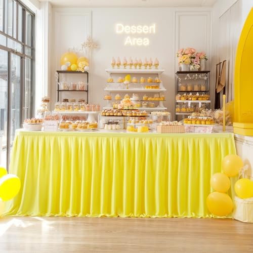 Partisky Yellow Polyester Table Skirt for Rectangle Tables 17ft, Wrinkle Resistant Pleated Ruffle Table Cloth for Banquet Wedding Trade Baby Shower Display Gift Dining Table - Image 2