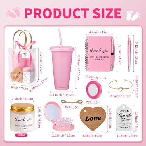 56Pcs Baby Shower Prizes for Game Winners Baby Shower Favors Gifts including Plastic Tumbler Notebook Scented Candles Ballpoint Pen Mirrors with Hair Brushes Bracelet Gift Bag (Pink) - Image 3