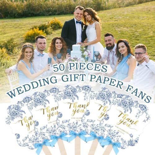Huwena 50 Sets Wedding Fans for Guests Thank You for Celebrating with Us Fans Hand Fans Handheld Folded Fan Baby Shower Favors for Bridal Bridesmaid Gift Church Dancing (Blue,Floral) - Image 4