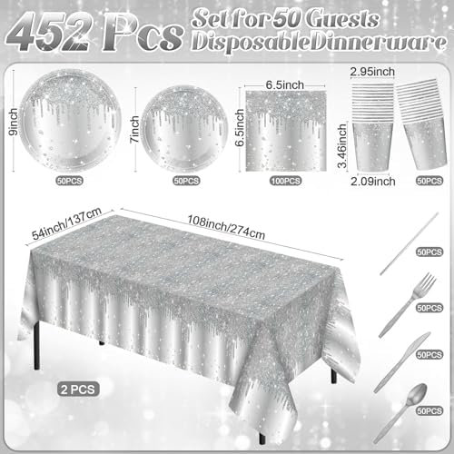 Funnymoom 452 Pcs Silver Birthday Party Decorations Include Diamonds Silver Glitter Paper Plates and Napkins Cups Tablecloth Cutlery Straws Disposable Tableware Set for Birthday Supplies - Image 2