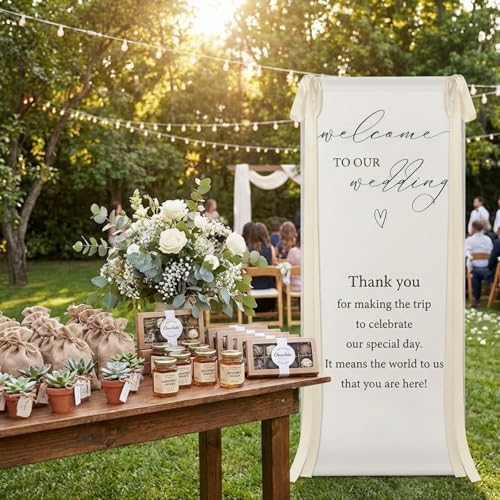 Wedding Welcome Linen Sign Stand with Satin Ribbon(Beige) - Image 2