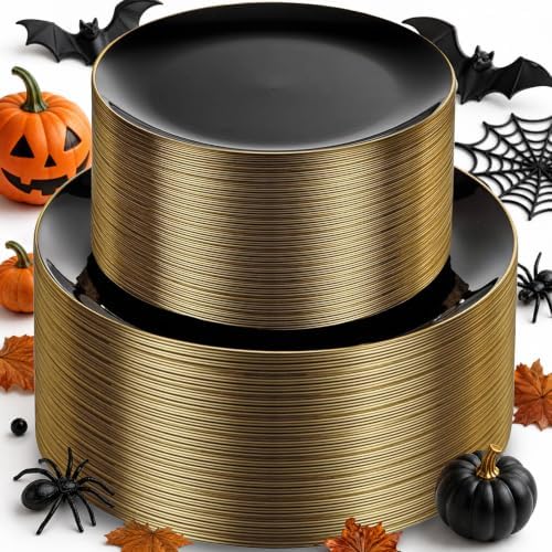 KIRE 100PCS Black and Gold Plates - Black Plastic Plates Disposable with Gold Rim Include 50Pcs 10.25inch Dinner Plate and 50Pcs 7.5inch Dessert/Salad Plate for Party/Wedding/Halloween by KIRE