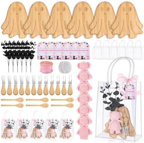 50 Pcs Halloween Baby Shower Prizes for Game Winners 6 Sets A Little Boo is Almost Due Bamboo Cheese Board Spoon Fork Butter Spreaders Thank You Card and Gift Bags for Halloween Baby Shower Favors by EYNDYN