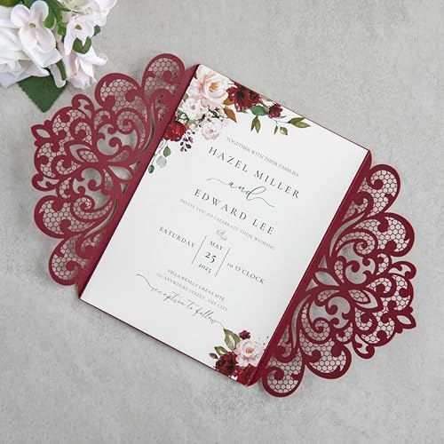 20Pcs Burgundy Laser Cut Wedding Invitation Cards With Envelopes - Image 4
