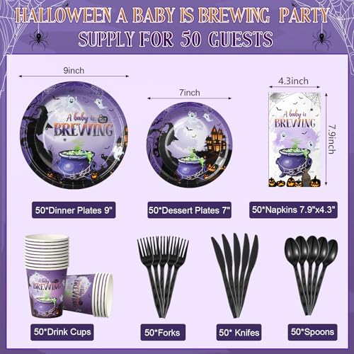 Halloween Baby Shower Party Supplies Decorations Serve50, Baby Brewing Baby Shower Plates and Napkins Set, Disposable Paper Plates Napkins Cups Tableware for Halloween Gender Reveal Party Decorations - Image 2