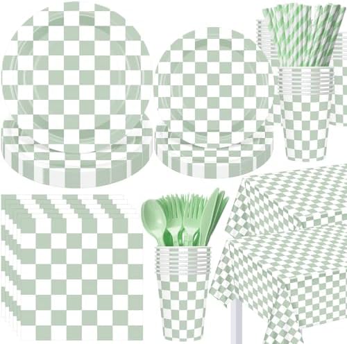 Funnymoom 452 Pcs Sage Green Gingham Party Supplies for 50, Light Green and White Checkered Gingham Paper Plates Napkins Cups Tablecloth Cutlery Straw for Picnic Birthday Baby Shower Decoration by Funnymoom