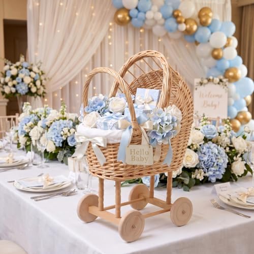 Decorative Wicker Carriage-Shaped Basket, Baby Shower Centerpiece, Large - Image 2