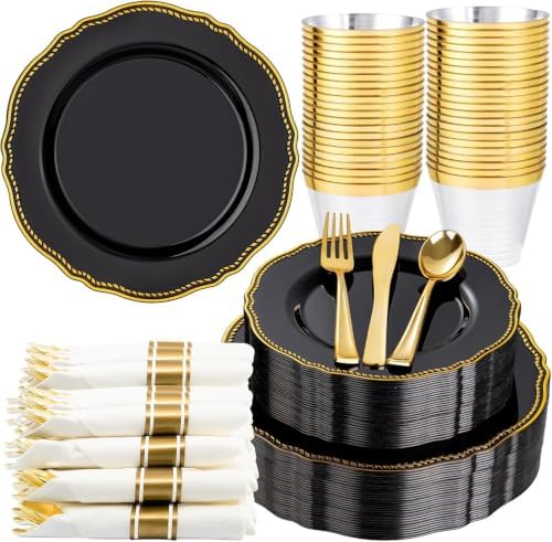 Hioasis 175 Pcs Black and Gold Plastic Plates Wedding & Party by Hioasis