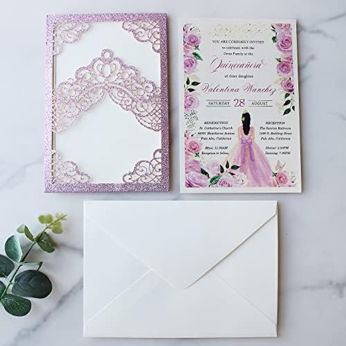 Hosmsua 50PCS Personalized Purple Glitter Quinceanera Invitations Kit 5.1x7.3 Inch Laser Cut Floral Crown Pocket Quinceanera Invitation Cards with Envelopes for Birthday Quince Invitation - Image 5