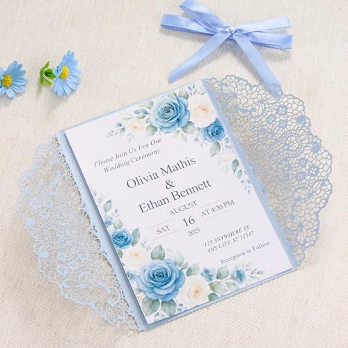 50 Set Wedding Invitations with Envelopes and Rsvp Cards Baby Blue - Image 4