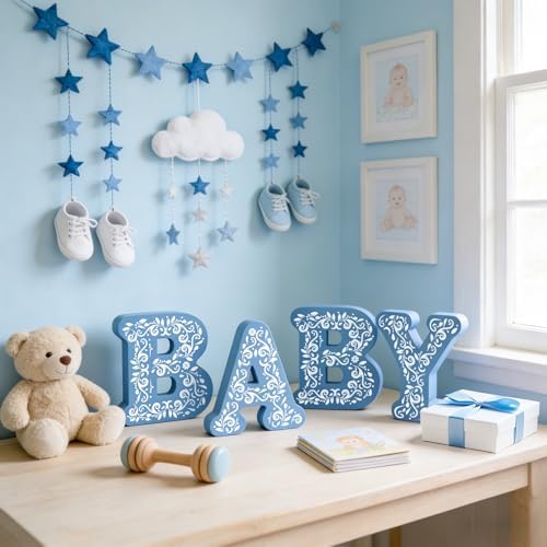 4 Pcs Cielito Lindo Baby Shower Decorations Blue Wooden Baby Letters, 6 inch Mexican Theme Wooden Blocks for Party Decor, Rustic Centerpiece for Gender Reveal Birthday Nursery Shelf Decor - Image 6