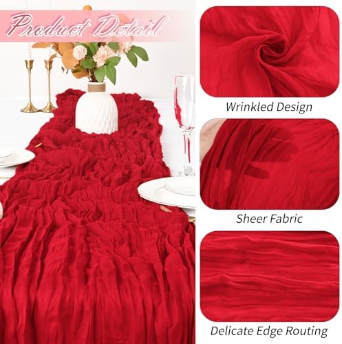 30 Pack Red Cheesecloth Table Runner 17 x 108 inch Cheese Cloth Table Runners 9ft Red Table Runner Rustic Romantic Sheer Gauze Runner for Wedding Party Baby Shower Table Decoration - Image 3