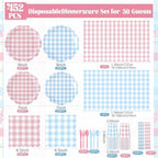 Funnymoom 452 Pcs Gender Reveal Gingham Party Decoration for 50, Pink and Blue Gingham Checkered Paper Plates Napkins Cups Tablecloth Cutlery Straws for Gender Reveal Baby Shower Party Supplies - Image 3