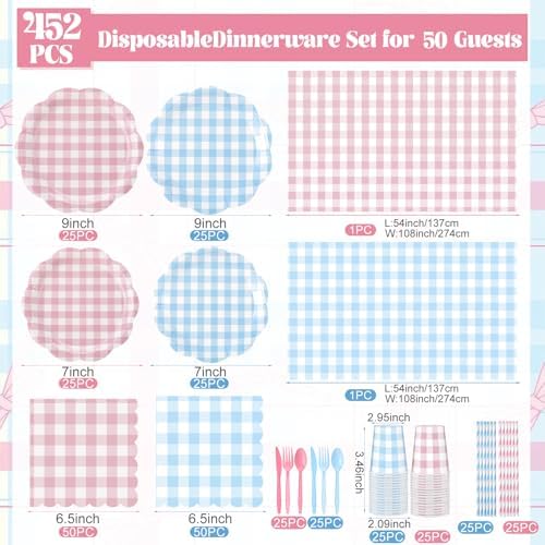 Funnymoom 452 Pcs Gender Reveal Gingham Party Decoration for 50, Pink and Blue Gingham Checkered Paper Plates Napkins Cups Tablecloth Cutlery Straws for Gender Reveal Baby Shower Party Supplies - Image 3