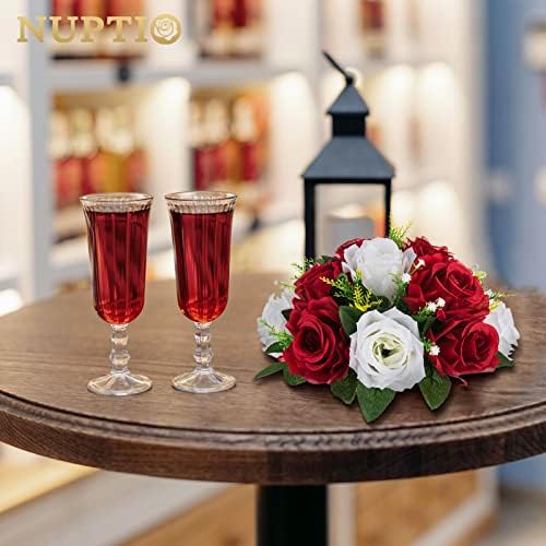 NUPTIO Artificial Flower Centrepieces for Tables - 6 Pcs Crimson & White Fake Flowers Roses Balls 9.5in Diameter - Silk Faux Rose Arrangement for Wedding Party Centerpiece Table Decorations - Image 2