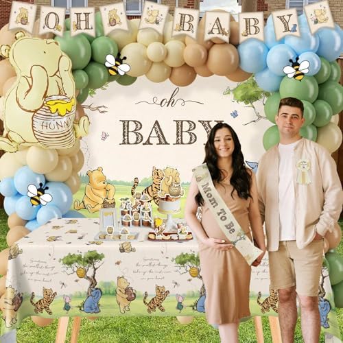 Classic Winnie Bear Baby Shower Decorations, Neutral All-In-One Pooh Baby Shower Balloon Arch Baby Boxes Backdrop Banner Tablecloth Cake Cupcake Topper Bee Stickers Mom To Be Sash Kit for Boys Girls - Image 5
