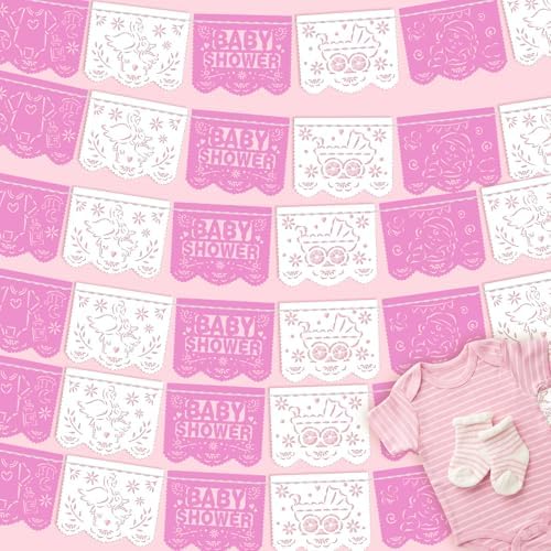 Mindsoft 6 Pack 98.43 ft Baby Shower Papel Picado Mexican Banner Cielito Lindo Party Plastic Fiesta Banner Talavera Theme Decorations for Baby Shower Party Hanging(Pink and White) by Mindsoft