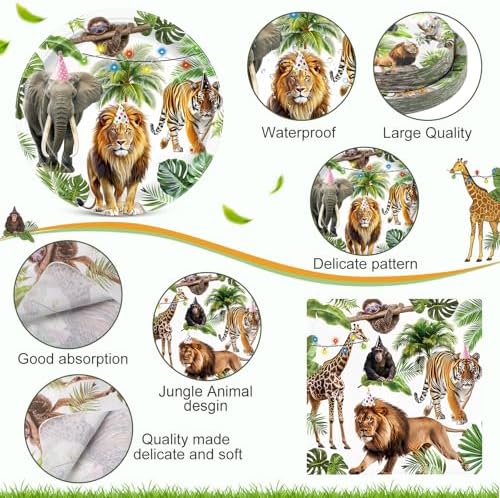 Pickmesh 250 Pcs Jungle Birthday Party Supplies Decorations Serve 50 Safari Animals Disposable Paper Plates Napkins and Cups Jungle Wild Animals Zoo Safari Baby Shower Birthday Wedding Party Supplies - Image 3