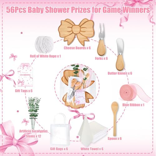 56 Pcs Pink Bow Baby Shower Prizes for Game Winners 6 Sets Bamboo Cheese Board Spoon Fork Butter Spreaders Plaid Towel Thank You Card and Gift Bags for Coquette Pink Bow Baby Shower Favors - Image 3
