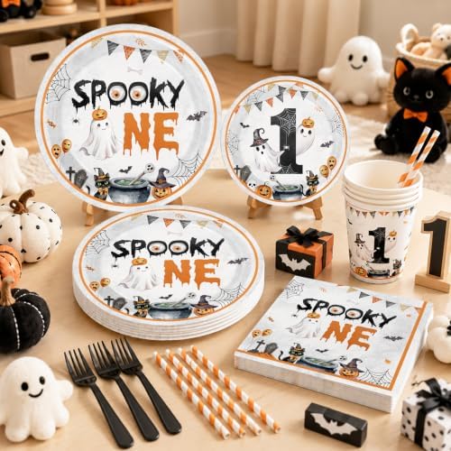 Spooky One Birthday Decorations Boy,276pcs Halloween 1st Birthday Kit Plates And Napkins Cups Banner Backdrop Tablecloth Cake Topper Balloon For First Birthday Decorations for Boy - Image 4