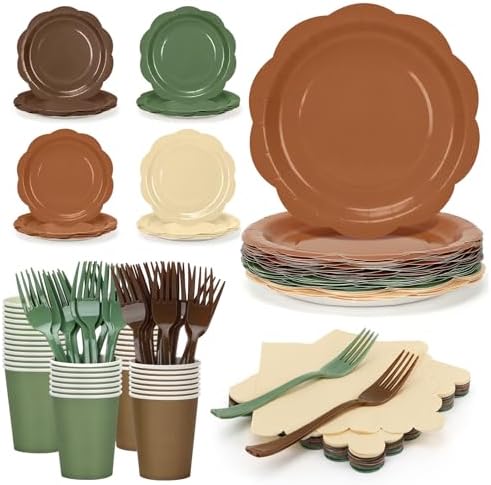 192Pcs Woodland Plates and Napkins Party Supplies, 9’’ Disposable Scalloped Sage Green and Brown Paper Plates, Woodland Baby Shower Party Decorations for Birthday, Animals Safari Party, Serves 48 by CENLBJ