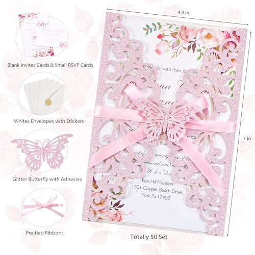 50pcs Pink Quinceanera Invitations Wedding Invites with Butterfly Ribbons - Image 2