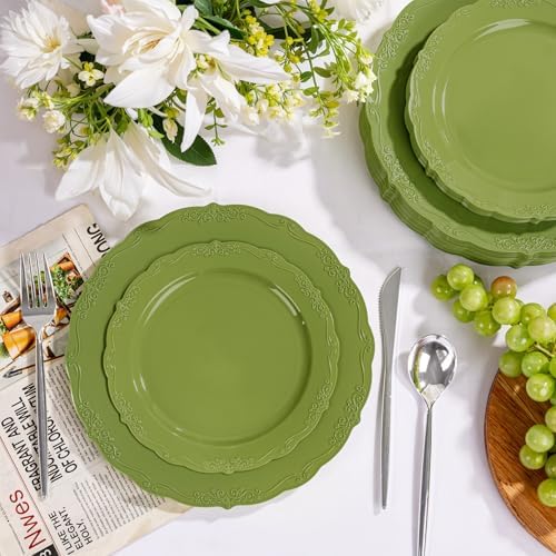U-QE 100PCS Olive Green Plastic Plates - Plastic Green Plates Disposable - Image 2