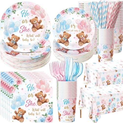LemonRoad 452 Pcs Bear Gender Reveal Party Decoration for 50, He or She Gender Reveal Paper Plates Napkins Cups Tablecloth Cutlery Straws Pink Blue Disposable Tableware for What Will Baby Be Supplies by Unknown