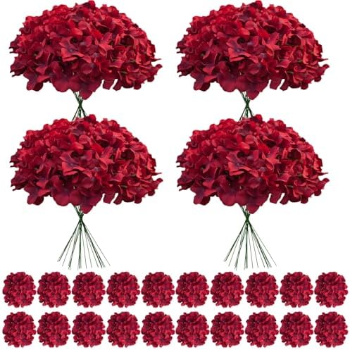 100 Pcs Faux Deep Red Hydrangea Artificial Flowers Bulk, Fake Silk Hydrangea Flowers Heads with Stems for Wedding Decorations Garden Party Baby Shower Porch Home Decor Table Centerpieces by Cherica