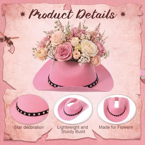 Didaey 6 Pcs Cowboy Hat Flower Vase Western Cowboy Party Table Centerpiece for Artificial Flower Cotton Linen Floral Vase with Top Opening Wedding Baby Shower Birthday Party (Star Belt,Pink) - Image 3