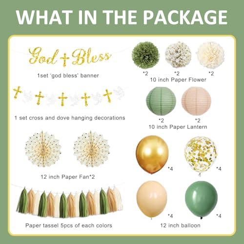 Sage Green and Gold Baptism Party Decorations - First Communion Decorations Boys Girls Christening Decor God Bless Banner Garland Tissue Paper Pom Poms and Balloons for Mi Bautizo Party Supplies - Image 2