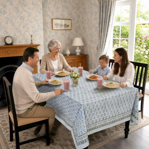 Ridhi Harbor Blue Hand Block Print Cotton Rectangle Tablecloth 54x54 inch Reusable Table Cover Decorative Everyday Use for Dining Room, Farmhouse, Home Gift for Spring, Summer - Image 4
