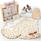 Golray Wooden Baby Gift Basket Newborn Girls Baby Shower Gifts Cloth Set with Bodysuit/Soft Shoes/Socks/Blanket/Bib/Headband/Wood Milestone, New Born Baby Girl Clothes Gender Reveal Gift Stuff by Golray