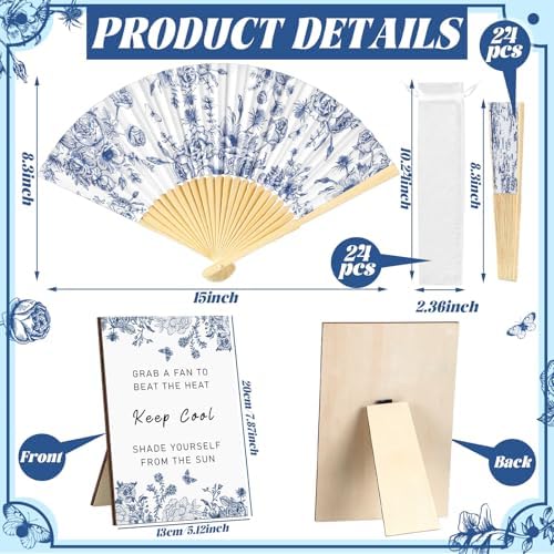 61 Pcs Blue Floral Wedding Favors Bulk with 12 Guests Paper Parasols Umbrella, 24 Folding Fans, 24 Gift Bags, and 1 Wooden Table Sign for Bridal Shower Outdoor Ceremony Tea Party Decoration - Image 2