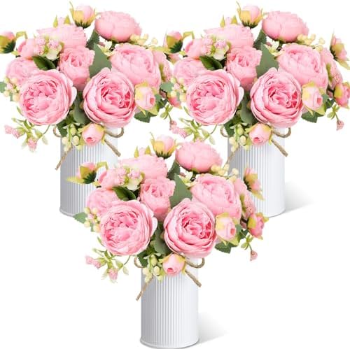 3 Sets Artificial Peonies Flower Peony Bouquet with Galvanized Metal Pot Silk Fake Peonies Faux Flower Arrangements for Wedding Table Centerpiece Party Home Room (Pink) by Solsew