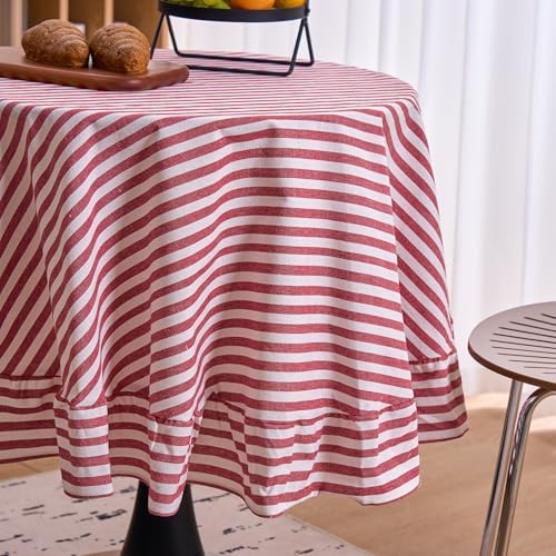 vctops Farmhouse Red Stripe Ruffle Table Cloth, Boho Cotton Linen Tablecloth, Washable Table Cover for Round Table Baby Shower Kitchen Party Wedding Decor (Red B,70") - Image 4