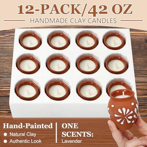 JarThenaAMCS 12 Pcs Cantaritos De Barro Mexicanos Candles Mini Terracotta Clay Pottery Candle Brown White Floral Decorative Mexican Candle for Cinco De Mayo Party Decoration Gifts - Image 3