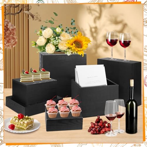 6 Pack Black Wooden Buffet Risers Display Stands,Wooden Stackable Display Box Rustic Cupcake Display Stand for Dessert Wedding Birthday Baby Shower Christmas Village Party Decoration - Image 3