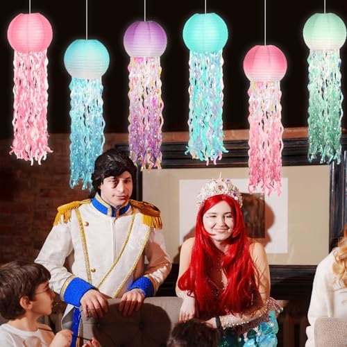12Set 10" LED Jelly Fish Paper Lanterns 8 Color Jellyfish Mermaid Party Decor Pink Pastel Hanging Jellyfish Mermaid Decor Under The Sea Paper Lantern Lamp for Ocean Birthday Girl Baby Shower Baby Room - Image 6