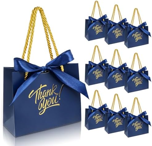 EQOREIIN 100 Pack Small Thank You Gift Bags with Handles & Ribbon, Navy by EQOREIIN