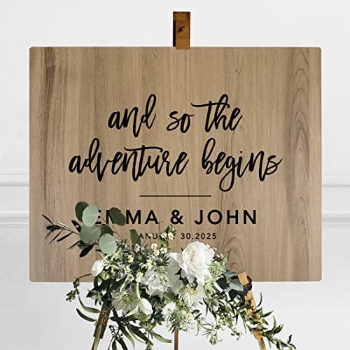 Andaz Press Personalized Large Wooden Welcome Sign for Wedding Rustic Welcome Sign 16" x 20" Custom Names The Adventure Begins Wedding Signage English Oak MDF Wood Finish Indoor Outdoor Signs - Image 3
