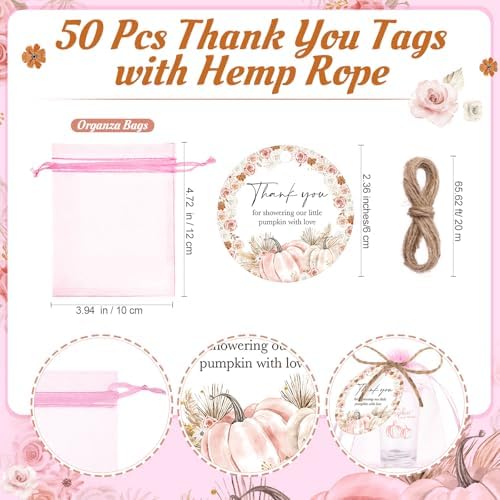 Funnymoom 50 Sets a Little Pumpkin Is on the Way Acrylic Clear Shot Glasses Pink Pumpkin Baby Shower Favors for Guests Souvenir Thank You Tags with Organza Bags for Thanksgiving Party Decorations - Image 5