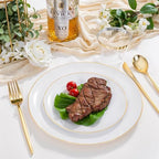 bUCLA 150PCS White and Gold Plastic Plates Disposable - 25 Guests Gold Dinnerware Set - Include 25 Each (Dinner & Dessert) Plates, 25 Knives, 25 Forks, 25 Spoons & 25 Cups for Party - Image 4