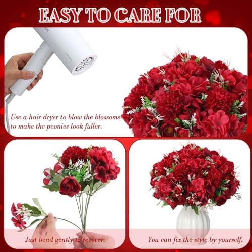 Tigeen 24 Bundles Peonies Artificial Flowers Faux Roses, Wine Red - Image 4