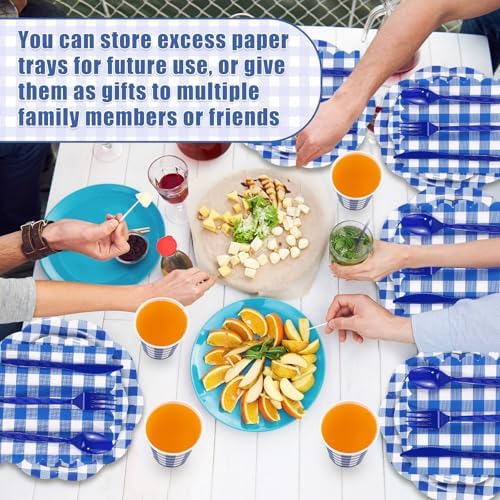 Funnymoom 400 Pcs Gingham Party Supplies for 50 Guests Dark Blue and White Paper Plates and Napkins Knives Spoon Fork Cup Disposable Checkered Dinner Party Set Cutlery for Baby Shower Wedding Favor - Image 5