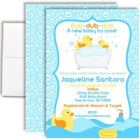 50 Custom Baby Shower Invitations with Envelopes – Personalized Little Rubber Duckie 5x7 Invite Set | Fully Customizable, Proof Included, Customizable Kit of Matching Thank You Cards, Stickers & Diaper Raffle Tickets | Made in USA by AmandaCreation
