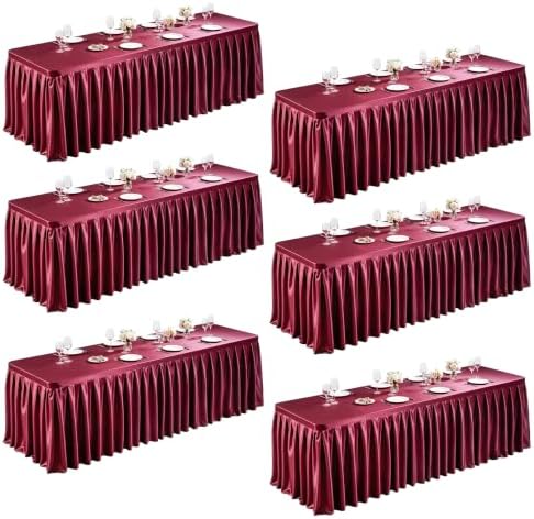 6 Packs Burgundy Satin Tablecloths Rectangle 6FT, Glitter Spandex Fitted Stretch Table Covers Wrinkle-Free Floor Length Shimmer Table Skirt for Weddings Parties Baby Shower Banquets Vendor Events by Partisky