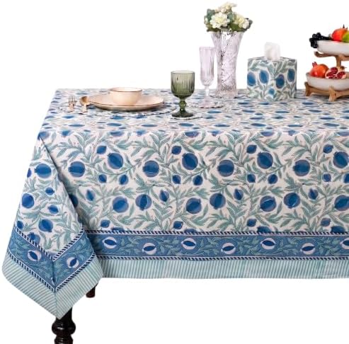 Ridhi Queen Blue Hand Block Print Cotton Rectangle Tablecloth 90 x 60 Inch by Ridhi