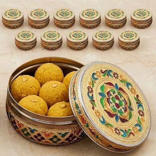 LOVENSPIRE Meenakari Stainless Steel Storage Box with Lid (400gm) Decorative Round Indian Food Container for Sweets, Kitchen Items & Return Gift Favors Pack of 12 by LOVENSPIRE